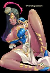 Rule 34 | 1girl, arm wrap, armlet, armor, artist name, ass, bandaged arm, bandages, black background, black hair, blue armor, blush, breastplate, breasts, bridal gauntlets, circlet, closed mouth, covered navel, dark-skinned female, dark skin, facial mark, fate/grand order, fate (series), forehead jewel, green eyes, hat, hat feather, jewelry, knee up, large breasts, legs, long hair, looking at viewer, lying, nanakagi satoshi, nipple slip, nipples, on side, parted bangs, pauldrons, pelvic curtain, ring, scheherazade (fate), shoulder armor, simple background, solo, thighs, thumb ring, very long hair