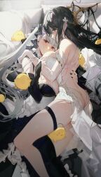 Rule 34 | 2girls, ass, azur lane, backless dress, backless outfit, bare back, bare shoulders, black eyes, black hair, black nails, blush, breasts, butt crack, commentary, dress, flower, formidable (azur lane), frilled dress, frills, gloves, grey hair, hair flower, hair ornament, highres, indomitable (azur lane), kuroduki (pieat), large breasts, light particles, long hair, looking at viewer, manjuu (azur lane), multiple girls, red eyes, thigh strap, two-tone dress, white dress, white gloves