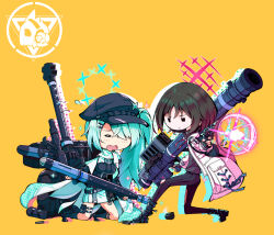Rule 34 | 2girls, anti-materiel rifle, aqua hair, backpack, bag, belt pouch, blue archive, brown hair, closed mouth, denim, fim-92 stinger, fingerless gloves, firing, gloves, gun, hair ornament, hairclip, halo, handgun, hat, highres, hiyori (blue archive), hood, hoodie, jacket, jeans, kneeling, long hair, misaki (blue archive), multiple girls, ntw-20, on one knee, open mouth, pants, pouch, revolver, rifle, rocket launcher, scarf, shell casing, shibuya susano, short hair, side ponytail, sniper rifle, torn clothes, torn jeans, torn pants, very long hair, weapon, white jacket, yellow background