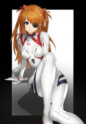 Rule 34 | 1girl, ass, blue eyes, bodysuit, breasts, brown hair, closed mouth, commentary, curvy, evangelion: 3.0+1.0 thrice upon a time, eyepatch, highres, interface headset, long hair, looking at viewer, neon genesis evangelion, nima (niru54), plugsuit, rebuild of evangelion, shadow, short hair, sitting, solo, souryuu asuka langley, twintails, white bodysuit, wide hips