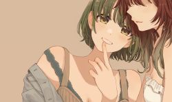 Rule 34 | 2girls, :d, aketa mikoto, bare shoulders, blue jacket, blush, bra strap, earrings, faceless, faceless female, finger to mouth, gradient hair, green hair, grin, head tilt, highres, idolmaster, idolmaster shiny colors, jacket, jacket partially removed, jewelry, looking at viewer, multicolored hair, multiple girls, nanakusa nichika, open mouth, shhis (idolmaster), simple background, sleeveless, smile, solo focus, tanupon
