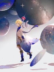 Rule 34 | 1boy, arm at side, arm up, blonde hair, blue eyes, boots, coat, fate/grand order, fate/requiem, fate (series), high heel boots, high heels, highres, holding, holding sword, holding weapon, long sleeves, looking at viewer, looking back, male focus, messy hair, milky way, open mouth, outstretched arm, planet, rapier, space, star (sky), sword, tanzhujiuyue, voyager (fate), voyager (second ascension) (fate), weapon, white coat, wind