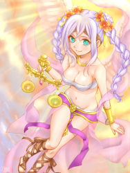 Rule 34 | 10s, bandages, bracelet, braid, breasts, cardfight!! vanguard, cleavage, flower, green eyes, headband, jewelry, looking at viewer, lowres, maiden of libra, oracle think tank, scale, white hair, wings