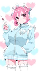 Rule 34 | 1girl, absurdres, ahoge, blue jacket, blush stickers, breasts, double bun, earrings, frilled thighhighs, frills, garter straps, hair bun, hair intakes, hair ornament, hairclip, hand in pocket, hat, heart, heart background, heart print, highres, holding, holding syringe, idolmaster, idolmaster cinderella girls, jacket, jewelry, large breasts, long sleeves, looking at viewer, multicolored hair, nail polish, nurse cap, pill hair ornament, pink eyes, pink hair, pink nails, solo, sukoyaka (100hituzi), syringe, thighhighs, two-tone hair, white thighhighs, yumemi riamu, zipper pull tab