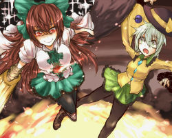 Rule 34 | 2girls, arm cannon, bad id, bad pixiv id, boots, bow, breasts, brown hair, cape, falling, frilled skirt, frilled sleeves, frills, glowing, glowing eyes, green eyes, green hair, green skirt, hair bow, hat, hole, jumping, komeiji koishi, large breasts, long hair, long sleeves, looking at another, looking down, maware maware, multiple girls, open mouth, pantyhose, red eyes, reiuji utsuho, scared, shirt, short hair, short sleeves, skirt, smile, sparkle, surprised, thighhighs, third eye, touhou, very long hair, weapon, wide sleeves, wings