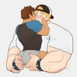 Rule 34 | 2boys, = =, ass, ass grab, backwards hat, bara, baseball cap, blonde hair, brown hair, carrying, carrying person, cheek press, couple, cropped torso, dark-skinned male, dark skin, facial hair, from side, glasses, goatee stubble, grabbing another&#039;s ass, groping, happy aura, hat, highres, huge eyebrows, huge pectorals, interracial, kiss, kissing cheek, male focus, mccy, micro shorts, motion lines, multiple boys, muscular, muscular male, original, raglan sleeves, short hair, shorts, sideburns stubble, size difference, sparse arm hair, stubble, yaoi