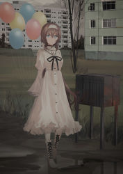 Rule 34 | 1girl, balloon, bare tree, blue eyes, blush, boots, brown hair, building, chihuri, closed mouth, cloud, cloudy sky, cross-laced footwear, dress, gloves, grass, hair between eyes, hairband, highres, holding, holding balloon, juliet sleeves, lace-up boots, long hair, long sleeves, looking at viewer, original, outdoors, overcast, pantyhose, puddle, puffy sleeves, renata alekseevna tsvetaeva, sky, sleeves past wrists, solo, standing, tree, very long hair, water, white dress, white footwear, white gloves, white hairband, white pantyhose, window