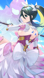 Rule 34 | 1girl, absurdres, back, blue eyes, blue hair, bow, breasts, caeda (fire emblem), closed mouth, cowboy shot, fire emblem, gloves, hair ornament, hairclip, highres, holding, holding polearm, holding weapon, ikura (downdexp), long hair, looking at viewer, looking back, medium breasts, nintendo, oribe tsubasa, polearm, sideboob, smile, solo focus, tokyo mirage sessions fe, weapon, white bow
