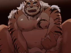 Rule 34 | 1boy, animal ears, bara, blue eyes, blush, bulge, come hither, facial hair, furry, furry male, highres, hombre tigre (housamo), large pectorals, male focus, muscular, nipples, pectorals, sawch cls, topless male, short hair, solo, thick eyebrows, thick thighs, thighs, tiger boy, tiger ears, tokyo houkago summoners, white hair