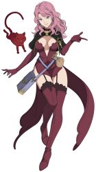 Rule 34 | 1girl, absurdres, animal, black clover, boots, breasts, cat, cleavage, cleavage cutout, clothing cutout, curvy, garter straps, gloves, hat, highres, large breasts, long hair, looking at viewer, official art, pink hair, purple eyes, thick thighs, thigh boots, thighhighs, thighs, vanessa enoteca, wavy hair, white background, witch, witch hat