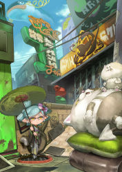 Rule 34 | 1girl, blue hair, blue sky, cloud, commentary request, creature, day, hair ornament, highres, holding, inkling, inkling player character, japanese clothes, kimono, kousaku, long sleeves, manhole, manhole cover, nintendo, oil-paper umbrella, outdoors, sign, sky, solo, splatoon (series), splatoon 2, standing, umbrella, wide sleeves, yellow eyes