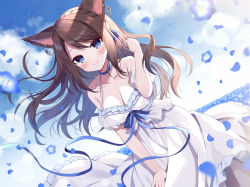 Rule 34 | 1girl, animal ears, warrior of light (ff14), blue choker, blue eyes, blue flower, blue sky, blush, braid, breasts, brown hair, cat ears, choker, cleavage, closed mouth, cloud, cloudy sky, commentary request, commission, crown braid, day, detached sleeves, dress, dutch angle, facial mark, final fantasy, final fantasy xiv, flower, frilled dress, frills, hand up, horizon, long hair, mauve, medium breasts, miqo&#039;te, ocean, outdoors, petals, pixiv commission, puffy short sleeves, puffy sleeves, short sleeves, sky, sleeveless, sleeveless dress, smile, solo, very long hair, water, whisker markings, white dress, white sleeves