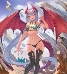 Rule 34 | 1girl, absurdres, arpeggio kaga, bad id, bad twitter id, bikini, bow, bowtie, breasts, cloud, cloudy sky, collarbone, commentary request, copyright request, dragon girl, fang, fingernails, gem, gluteal fold, green eyes, hair between eyes, highres, horns, long fingernails, long hair, looking at viewer, nail polish, navel, open mouth, outdoors, pointy ears, red nails, rock, scales, sidelocks, skindentation, sky, small breasts, solo, swimsuit, tail, tail ornament, thighhighs, very long hair, white hair, wings