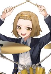 Rule 34 | 1girl, :d, arms up, blazer, blouse, blue jacket, blue ribbon, brown eyes, brown hair, commentary request, drum, drum set, drumsticks, forehead, hairband, holding, holding drumsticks, instrument, jacket, k-on!, long sleeves, looking at viewer, neck ribbon, open clothes, open jacket, open mouth, ribbon, sakuragaoka high school uniform, school uniform, shirt, short hair, simple background, smile, solo, su901, tainaka ritsu, teeth, upper body, upper teeth only, white background, white shirt, yellow hairband
