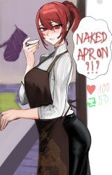 Rule 34 | 1girl, absurdres, alternate costume, apron, black pants, blush, breasts, brown apron, closed mouth, cowboy shot, double-parted bangs, english text, eyelashes, from side, hair between eyes, hand up, highres, indoors, kirijou mitsuru, large breasts, like and retweet, long hair, long sleeves, looking at viewer, meme, nero watch, pants, persona, persona 3, ponytail, red eyes, red hair, ribbed sweater, sidelocks, solo, speech bubble, sweater, teeth, turtleneck, turtleneck sweater, twitter strip game (meme), white sweater