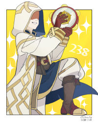 Rule 34 | 1boy, boots, brown footwear, faceless, faceless male, fire emblem, fire emblem heroes, gloves, hood, hood up, hooded robe, instrument, kiran (fire emblem), kiran (male) (fire emblem), kitano ririo, leather, leather gloves, nintendo, robe, smile, solo, sparkle background, tambourine, yellow background