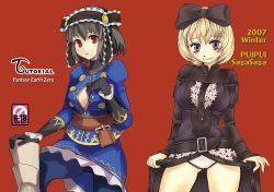 Rule 34 | 2girls, :o, belt, black bow, black gloves, black hair, blonde hair, blue eyes, blush, bow, breasts, buckle, cleavage, fantasy earth zero, forgotten artist, frills, gloves, hair bow, holding hands, large breasts, looking at viewer, multiple girls, panties, parted lips, red background, red eyes, ryman, simple background, smile, standing, underwear, white panties