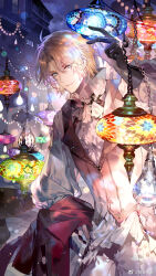 Rule 34 | 1boy, aqua eyes, ascot, black gloves, blonde hair, brown vest, building, chain, closed mouth, cowboy shot, curtained hair, gloves, hand on own hip, hand up, highres, holding, holding clothes, holding jacket, holding lantern, jacket, lantern, lapels, lars rorschach, lens flare, light particles, long sleeves, looking at viewer, lovebrush chronicles, male focus, nevakuma (fanfanas), night, notched lapels, official art, outdoors, pants, parted bangs, pavement, popped collar, puffy long sleeves, puffy sleeves, red jacket, shirt, short hair, sideways glance, smile, solo, stained glass, standing, table, teeth, unworn jacket, upper teeth only, vest, weibo logo, weibo watermark, white ascot, white pants, white shirt