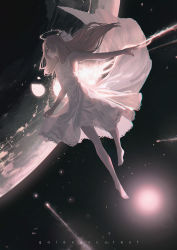 Rule 34 | 1girl, bare shoulders, barefoot, bow, brown eyes, brown hair, closed mouth, creature, dress, english text, erospanda, floating, hair bow, halo, highres, long hair, original, planet, shooting star, space, white bow, white dress
