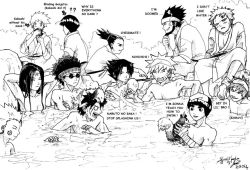 Rule 34 | 6+boys, aburame shino, akamaru (naruto), akimichi chouji, bath, cheek swirl, gaara (naruto), hatake kakashi, hyuuga neji, kankuro, male focus, might guy, monochrome, multiple boys, nara shikamaru, naruto, naruto (series), rock lee, same-sex bathing, sarutobi asuma, shared bathing, squalljade, uchiha sasuke, uzumaki naruto