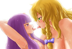 Rule 34 | 2girls, arms up, blonde hair, blue bow, blunt bangs, blush, bow, braid, commentary request, completely nude, cookie (touhou), hair between eyes, hair bow, highres, imminent kiss, kirisame marisa, long hair, looking at another, mars (cookie), multiple girls, nude, open mouth, otemoto (baaaaloooo), patchouli knowledge, purple eyes, purple hair, side braid, simple background, single braid, sweat, taisa (cookie), tongue, tongue out, touhou, upper body, white background, yuri
