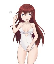 Rule 34 | 1girl, absurdres, breasts, brown hair, casual one-piece swimsuit, cleavage, highleg, highleg swimsuit, highres, kantai collection, kisaragi (kancolle), one-piece swimsuit, open mouth, sagiri (kancolle), swimsuit