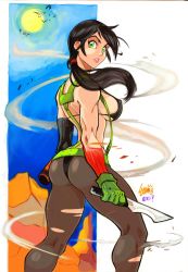 Rule 34 | 1girl, ass, bikini, black bikini, black hair, breasts, brown pantyhose, combat knife, covered erect nipples, detached sleeves, eyebrows, female focus, gloves, green eyes, green gloves, green hair, harness, highres, ivan llanos, knife, large breasts, lips, lipstick, looking back, low ponytail, makeup, matching hair/eyes, metal gear (series), metal gear solid, metal gear solid v: the phantom pain, pantyhose, ponytail, quiet (metal gear), sideboob, single sleeve, solo, strap gap, swimsuit, toned, torn clothes, torn pantyhose, underboob, weapon