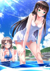 Rule 34 | 10s, 2girls, bare shoulders, bikini, blue bikini, blue eyes, blue sky, blush, breasts, brown hair, cleavage, cloud, collarbone, contrail, day, dress, eyebrows, female pervert, green eyes, hair ornament, hairclip, halter dress, halterneck, hands on own knees, highres, kurosawa dia, leaning forward, lens flare, looking at ass, looking at viewer, love live!, love live! school idol project, love live! sunshine!!, medium breasts, mole, mole under mouth, multiple girls, ocean, outdoors, partially submerged, pervert, short dress, short hair, sidelocks, sky, sleeveless, sleeveless dress, smile, sunlight, swimsuit, swordsouls, wading, watanabe you, water, white dress