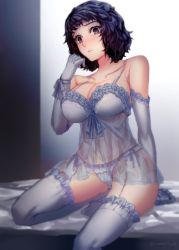 Rule 34 | 10s, 1girl, babydoll, bare shoulders, bed, black hair, blush, bra, breasts, brown eyes, cleavage, closed mouth, collarbone, commentary, elbow gloves, embarrassed, frilled thighhighs, frills, garter straps, gloves, indoors, kawakami sadayo, lace, large breasts, lingerie, looking at viewer, messy hair, panties, persona, persona 5, see-through, short hair, sitting, solo, thighhighs, underwear, underwear only, white gloves, white panties, white thighhighs, yaoto
