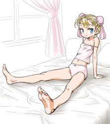 Rule 34 | 1girl, barefoot, bed, blonde hair, blue eyes, bun cover, chrono cross, closed mouth, curtains, double bun, foreshortening, full body, hair bun, looking at viewer, marcy (chrono cross), navel, panties, pillow, s-a-murai, short hair, smile, solo, strap slip, underwear, window