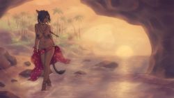 Rule 34 | 10s, 1girl, animal ears, anklet, arms at sides, warrior of light (ff14), bad id, bad pixiv id, barefoot, beach, bird, black hair, braid, breasts, breasts apart, cat ears, cat tail, cave, choker, dark-skinned female, dark nipples, dark skin, facial mark, female pubic hair, final fantasy, final fantasy xiv, forehead mark, highres, jewelry, large areolae, long hair, looking to the side, miqo&#039;te, navel, necklace, nipples, outdoors, palm tree, pubic hair, pussy, rock, sagging breasts, sarong, see-through, shawl, single braid, solo, soranamae, sunset, tail, tiptoes, topfreedom, topless, tree, wading, walking, water, yellow eyes