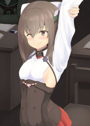 Rule 34 | 1girl, arm up, armpit cutout, armpits, breasts, brown eyes, brown hair, clothing cutout, headband, headgear, highres, kantai collection, miniskirt, one eye closed, pleated skirt, red skirt, short hair, skirt, small breasts, smile, solo, taihou (kancolle), tsukimoto reiji, upper body