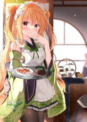 Rule 34 | 2girls, :t, absurdres, apron, bare shoulders, black legwear, blurry, blurry background, blush, brown eyes, brown hair, closed mouth, commentary request, cup, dango, depth of field, detached sleeves, double bun, eating, food, food on face, frilled apron, frilled kimono, frills, green kimono, green sleeves, green tea, hair between eyes, hair bun, hand up, highres, holding, holding tray, indoors, japanese clothes, kimono, kujou danbo, long hair, long sleeves, looking at viewer, maid, maid headdress, multiple girls, original, pantyhose, plate, sleeveless, sleeveless kimono, solo focus, table, tea, tray, two side up, very long hair, wa maid, wagashi, white apron, wide sleeves