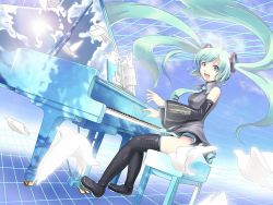 Rule 34 | 1girl, aqua nails, bird, grand piano, green hair, hatsune miku, instrument, k2pudding, long hair, nail polish, piano, piano bench, resized, reversed, sky, solo, thighhighs, thighs, twintails, upscaled, vocaloid