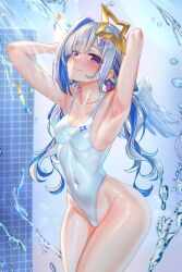 Rule 34 | 1girl, absurdres, alternate costume, amane kanata, armpits, arms up, blue eyes, blue hair, blurry, blurry background, blush, breasts, collarbone, colored inner hair, covered navel, cowboy shot, gradient eyes, grey hair, hair ornament, halo, highleg, highleg swimsuit, highres, hololive, jagoo, looking at viewer, multicolored eyes, multicolored hair, one-piece swimsuit, parted bangs, pink hair, purple eyes, showering, sidelocks, single hair intake, small breasts, smile, solo, star halo, streaked hair, swimsuit, thighs, virtual youtuber, water, wet, white one-piece swimsuit