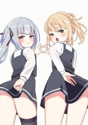 Rule 34 | 2girls, black dress, black thighhighs, brown eyes, commentary request, cowboy shot, double bun, dress, grey hair, hair bun, heart, heart hands, heart hands duo, highres, kantai collection, kasumi (kancolle), kasumi kai ni (kancolle), light brown hair, long hair, long sleeves, michishio (kancolle), michishio kai ni (kancolle), multiple girls, pinafore dress, pinky out, shirt, short twintails, side ponytail, simple background, single thighhigh, sleeveless dress, sun fle, thighhighs, twintails, white background, white shirt, yellow eyes