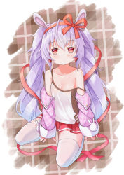 Rule 34 | 1girl, absurdres, alternate color, alternate costume, alternate hair color, animal ears, azur lane, bare shoulders, breasts, classic (zildjian33), cleavage, collarbone, commentary request, earrings, fake animal ears, hair between eyes, hairband, highres, jacket, jewelry, laffey (azur lane), light purple hair, long hair, long sleeves, looking at viewer, off-shoulder jacket, off shoulder, plaid, plaid jacket, pleated skirt, rabbit ears, red eyes, red skirt, seiza, sidelocks, sitting, skirt, sleeves past wrists, solo, spaghetti strap, thighhighs, twintails, white thighhighs, zettai ryouiki