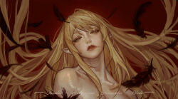 Rule 34 | 1girl, absurdres, bare shoulders, black feathers, blonde hair, blood, blood on face, character name, dress, english text, falling feathers, feathers, hair ribbon, highres, kiss-shot acerola-orion heart-under-blade, long hair, looking at viewer, monogatari (series), off shoulder, oshino shinobu, pointy ears, red background, red dress, ribbon, sidelocks, simple background, solipsist, solo, strapless, vampire, yellow eyes