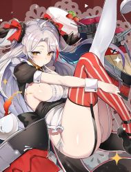 Rule 34 | 1girl, antenna hair, azur lane, blush, breasts, commentary request, finger to mouth, garter straps, hair between eyes, hair ribbon, large breasts, long hair, looking at viewer, luse maonang, machinery, mole, mole on breast, multicolored hair, orange eyes, panties, prinz eugen (azur lane), red hair, ribbon, rigging, side-tie panties, sideboob, silver hair, solo, streaked hair, striped clothes, striped thighhighs, swept bangs, thighhighs, thighs, two side up, underwear, vertical-striped clothes, vertical-striped thighhighs, very long hair, white panties, wrist cuffs