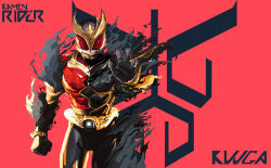 Rule 34 | 1boy, absurdres, arcle (kuuga), armor, belt, black armor, bodysuit, character name, compound eyes, gloves, gold horns, gurongi, helmet, henshin, highres, horns, kamen rider, kamen rider kuuga, kamen rider kuuga (series), kamen rider kuuga (ultimate form), looking at viewer, male focus, mask, reaching, reaching towards viewer, red eyes, rider belt, rty17369287581, smoke, solo, split theme, standing, tokusatsu, weapon