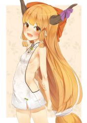 Rule 34 | 1girl, arm behind back, bad id, bad twitter id, blonde hair, blush, bow, breasts, covered erect nipples, covered navel, fang, hair bow, horns, ibuki suika, long hair, looking at viewer, nishiuri, no bra, no panties, open mouth, orange hair, pointy ears, red bow, sideboob, small breasts, solo, standing, touhou, very long hair