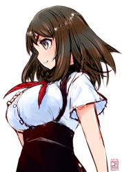 Rule 34 | 10s, 1girl, breasts, brown hair, dated, female focus, gatchaman crowds, high-waist skirt, ichinose hajime, large breasts, long hair, signature, simple background, skirt, smile, solo, twitter username, weshika, white background