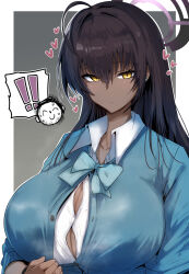 Rule 34 | !, !!, 1girl, ahoge, doodle sensei (blue archive), black hair, blue archive, blue bow, blue bowtie, blue cardigan, border, bow, bowtie, breasts, cardigan, cleavage, closed mouth, collared shirt, commentary request, dark-skinned female, dark skin, expressionless, gin moku, grey background, hair between eyes, halo, heart, highres, huge breasts, karin (blue archive), long hair, looking at viewer, outside border, sensei (blue archive), shirt, simple background, solo, spoken character, spoken exclamation mark, sweatdrop, upper body, white border, white shirt, yellow eyes