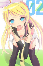 Rule 34 | 00s, 1girl, aged up, alternate hairstyle, arm warmers, bent over, blonde hair, blue eyes, bottomless, breasts, censored, cleavage, convenient censoring, downblouse, extended downblouse, female focus, future style (module), gumo, kagamine rin, leaning forward, long hair, looking at viewer, no bra, no panties, open mouth, sexually suggestive, small breasts, solo, thighhighs, tongue, tongue out, vocaloid
