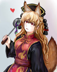 Rule 34 | 1girl, animal ears, animal print, arm at side, black dress, blonde hair, blush, bow, breasts, chinese clothes, colored eyelashes, dress, food, fox ears, fox tail, grey background, hair between eyes, hand up, hat, hat bow, head tilt, heart, highres, junko (touhou), ladle, long hair, long sleeves, looking to the side, mellong, motherly, nail polish, obi, parted lips, pink nails, red eyes, ribbon, sash, sidelocks, smile, solo, tabard, tail, tareme, touhou, very long hair