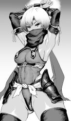 Rule 34 | 1girl, arm armor, armor, armpits, arms up, breasts, closed mouth, covered mouth, covered navel, greyscale, headgear, highres, holding, holding weapon, ichiren takushou, japanese clothes, kunai, looking at viewer, mask, medium breasts, monochrome, mouth mask, ninja, ninja mask, original, scarf, short hair, simple background, sleeveless, smile, solo, weapon