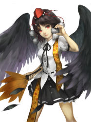 Rule 34 | 1girl, black hair, bow, brown hair, camera, hand fan, feathers, female focus, hat, looking at viewer, nose, pom pom (clothes), red eyes, shameimaru aya, shirt, short hair, skirt, solo, tokin hat, touhou, white background, wings, youshun (naturaljuice)