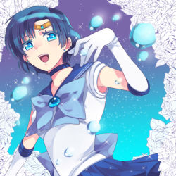 Rule 34 | 1girl, :d, bad id, bad pixiv id, bishoujo senshi sailor moon, blue eyes, blue hair, blue sailor collar, blue skirt, blue theme, bow, brooch, circlet, earrings, elbow gloves, flower, gloves, haruno kou, jewelry, looking down, matching hair/eyes, mizuno ami, open mouth, parted bangs, rose, sailor collar, sailor mercury, short hair, skirt, smile, solo, sparkle, stud earrings, water, white flower, white gloves, white rose