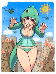 Rule 34 | 1girl, absurdres, animal hood, bare legs, blonde hair, blue eyes, breasts, cardboard, child&#039;s drawing, claw pose, commentary, cosplay, costume, dinosaur costume, english commentary, fake tail, godzilla, godzilla (cosplay), godzilla (series), green hoodie, green nails, green panties, highres, hood, hoodie, lipstick, makeup, medium breasts, mismatched eyebrows, nail polish, original, panties, partially unzipped, print panties, ronindude, sassy (ronindude), shiny skin, short hair, solo, standing, tail, teeth, thick eyebrows, thighs, toy, underwear, zipper pull tab