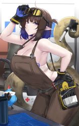Rule 34 | 1girl, absurdres, adjusting goggles, ahoge, animal, arknights, bird, black gloves, blue bird, blue eyes, blush, breasts, brown hair, brown overalls, cleavage, eunectes (arknights), eunectes (forgemaster) (arknights), gloves, goggles, goggles on head, hand on goggles, hand on own hip, high priest (arknights), highres, kanta (kanta 077), lancet-2 (arknights), large breasts, leaning forward, looking at viewer, official alternate costume, overalls, pointy ears, shirt, short hair, snake tail, solo, sweat, tail, white background, white shirt